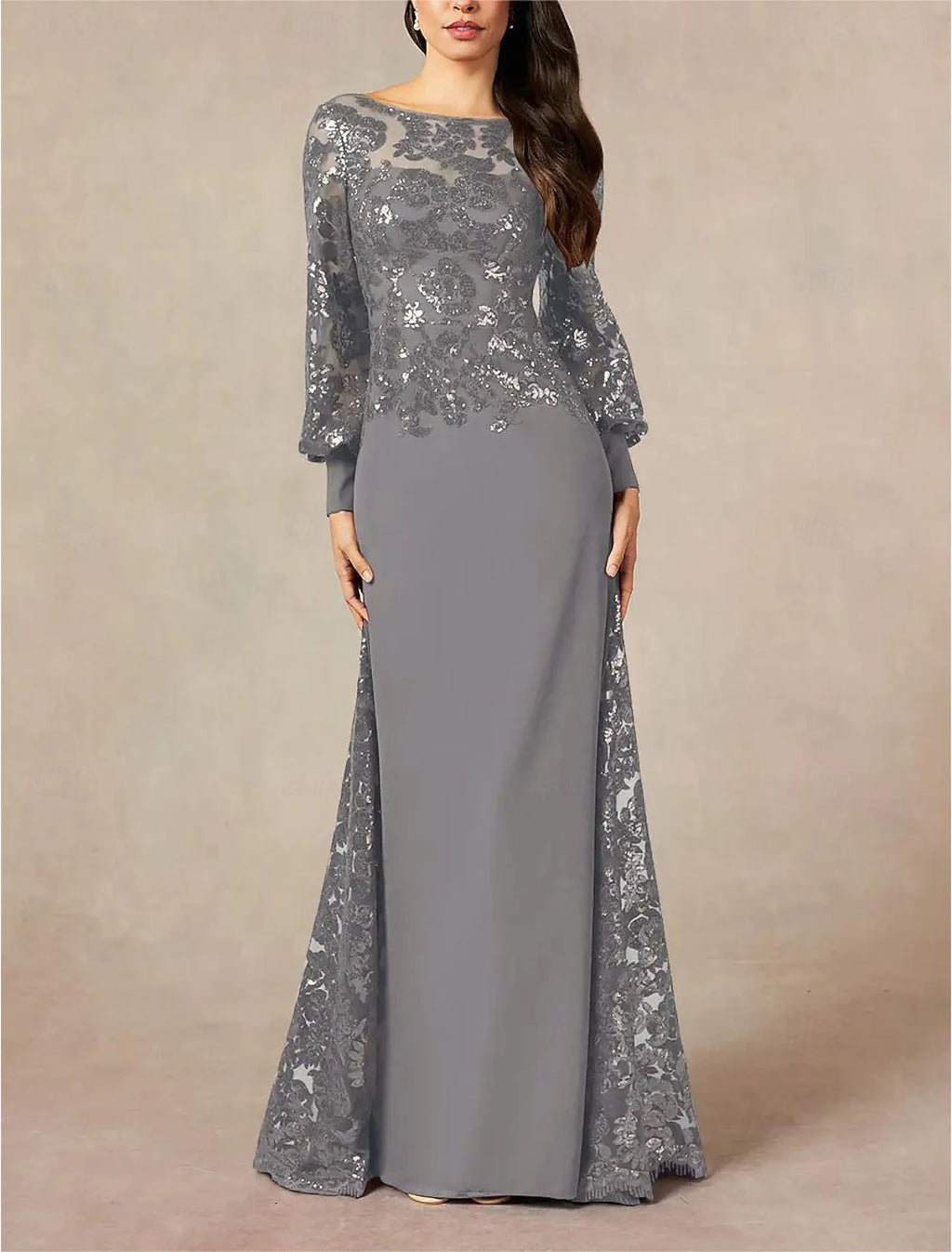 Vestido de madre de la novia de corte A, formal, para invitada de boda, elegante, cuello joya, largo hasta el suelo, gasa con lentejuelas, manga larga con lentejuelas