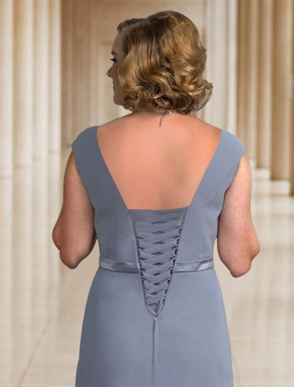 Vestido de madre de la novia de talla grande, elegante, con escote en V, largo hasta el suelo, de gasa, sin mangas, con faja o cinta.