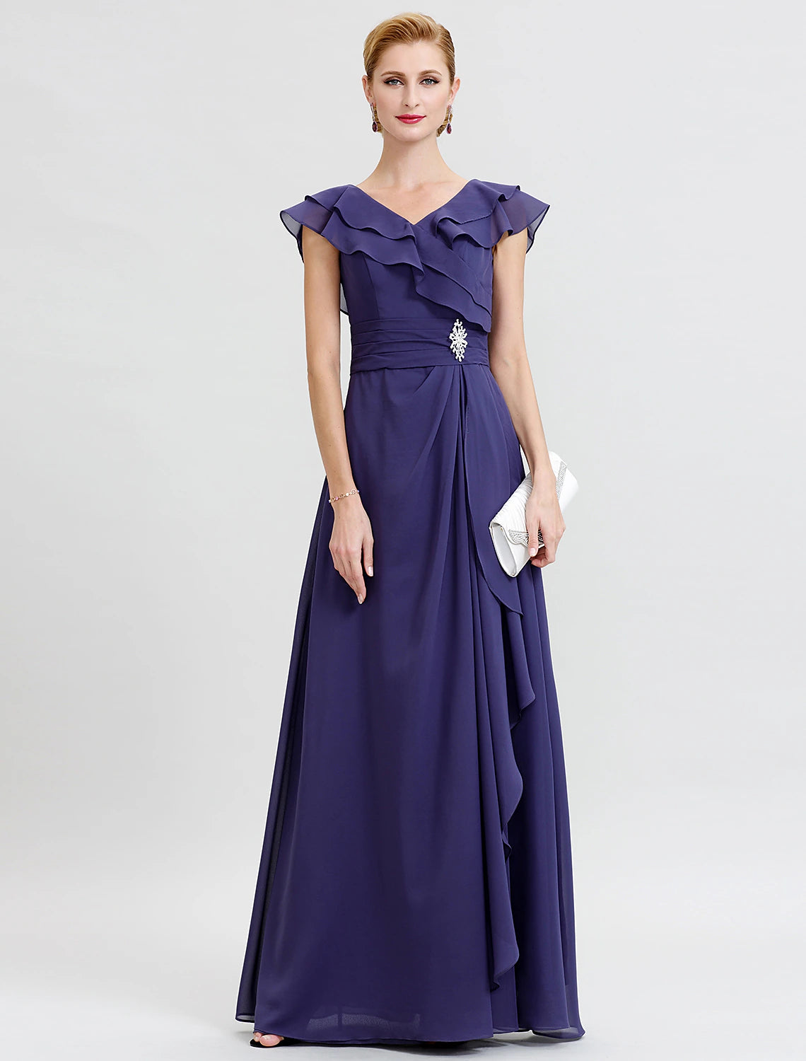 Abito da madre della sposa a trapezio, formale, con schiena scoperta, elegante, scollo a V, lunghezza pavimento, in chiffon, maniche corte, senza cintura/nastro, spilla di cristallo