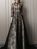 Black Lace A-Line Floor-Length Evening Dress with Lace overlay and High neck