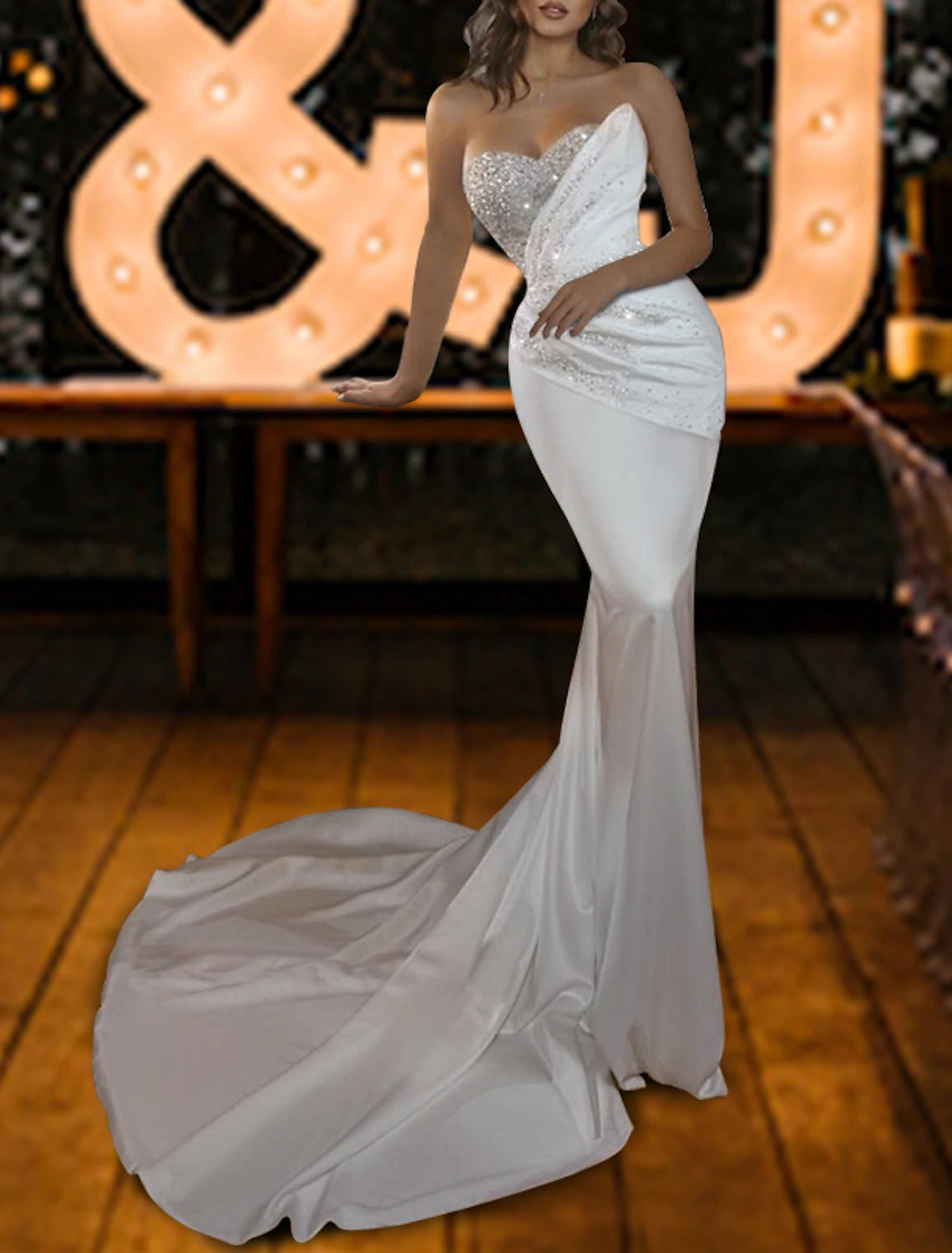 Vestidos de novia con brillo y destellos de Hall Sparkle &amp; Shine, corte sirena/trompeta, escote corazón, sin tirantes, cola de corte, satén, con lentejuelas fruncidas