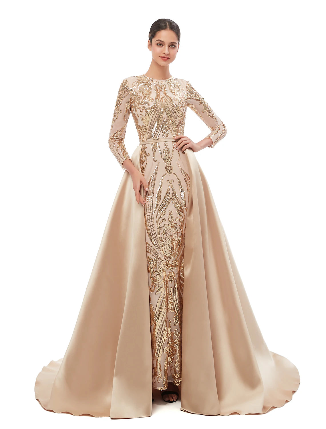 Vestido de noche formal elegante estilo sirena/trompeta, estilo vintage, con escote joya, manga larga y lentejuelas desmontables.