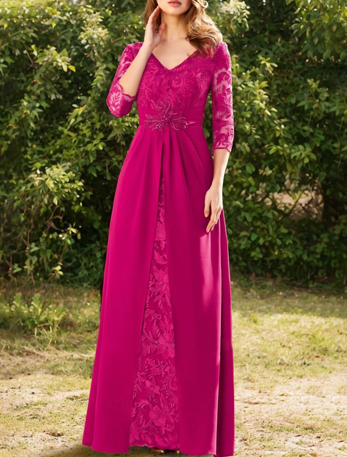 Abito da cerimonia per la madre della sposa, a trapezio, elegante, vintage, con scollo a V, lunghezza al pavimento, in pizzo, chiffon, maniche a 3/4 con pizzo