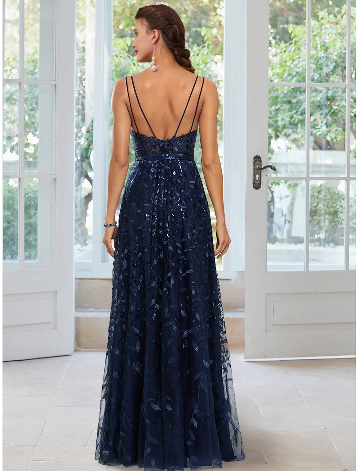 Dark Navy Sequin A-Line Floor-Length Evening Dress with V-Neck & High Slit