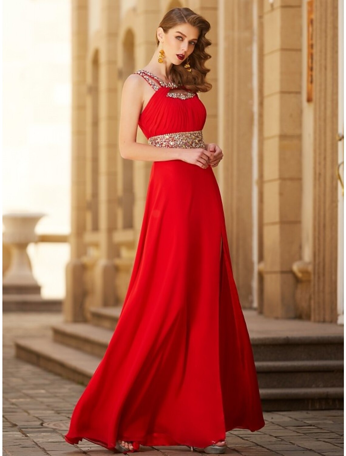 Red Chiffon A-Line Floor-Length Dress with Halter neckline and Embellished bodice