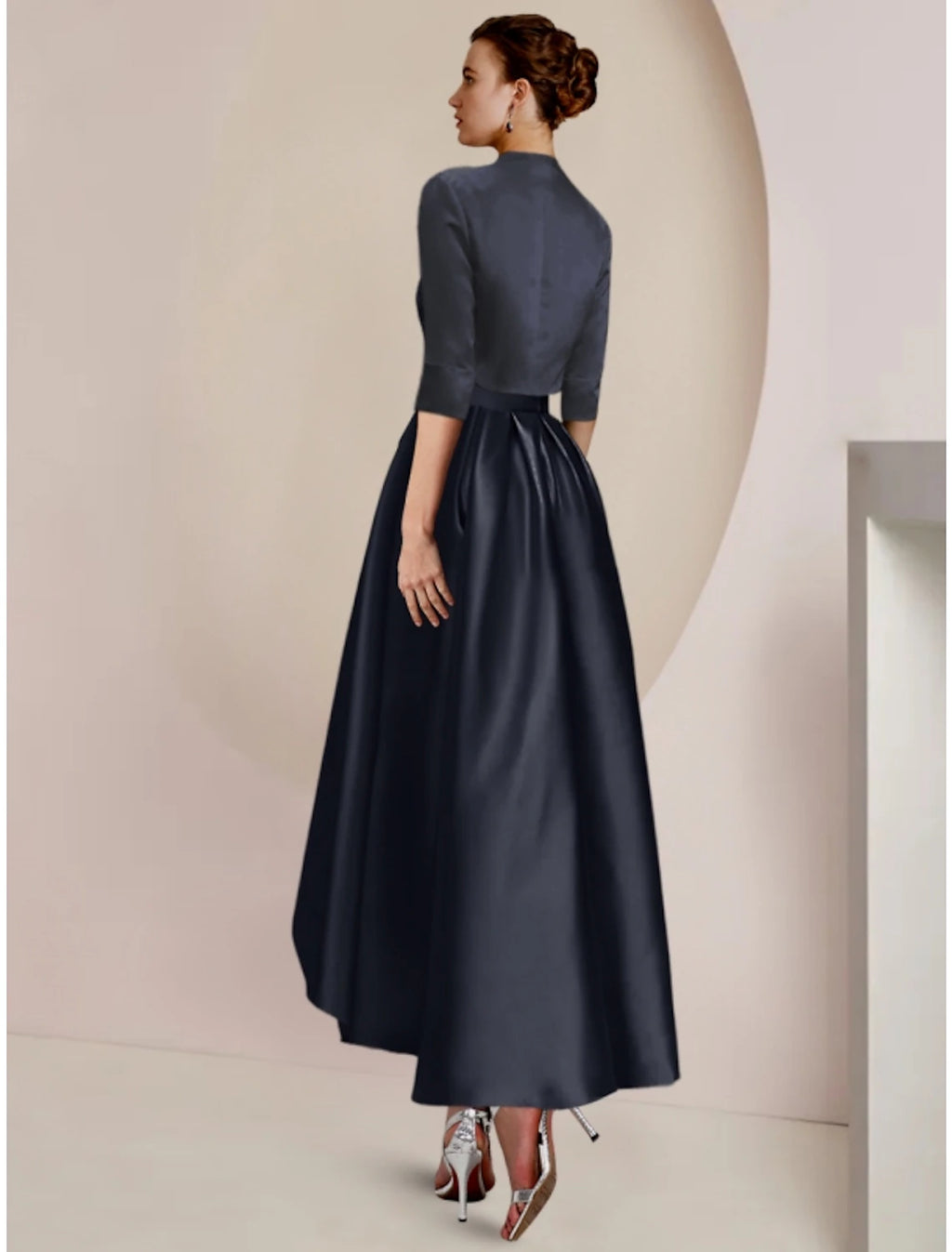 Dark Navy Satin A-Line High-Low Evening Dress with Lace Bodice and Bolero Jacket