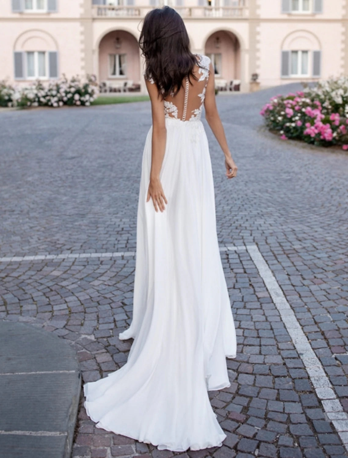 Ivory Chiffon A-Line Floor-Length Bridesmaid Dress with Illusion Lace V-Neck Bodice & High Slit