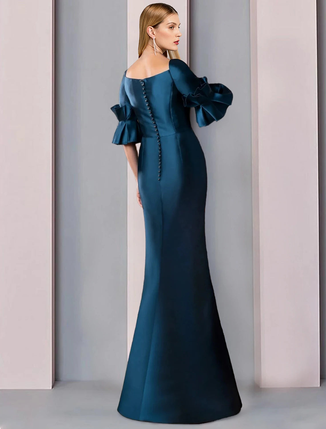 Teal Satin Mermaid Floor-Length Evening Dress with Ruffled Elbow Sleeves and Square Neck