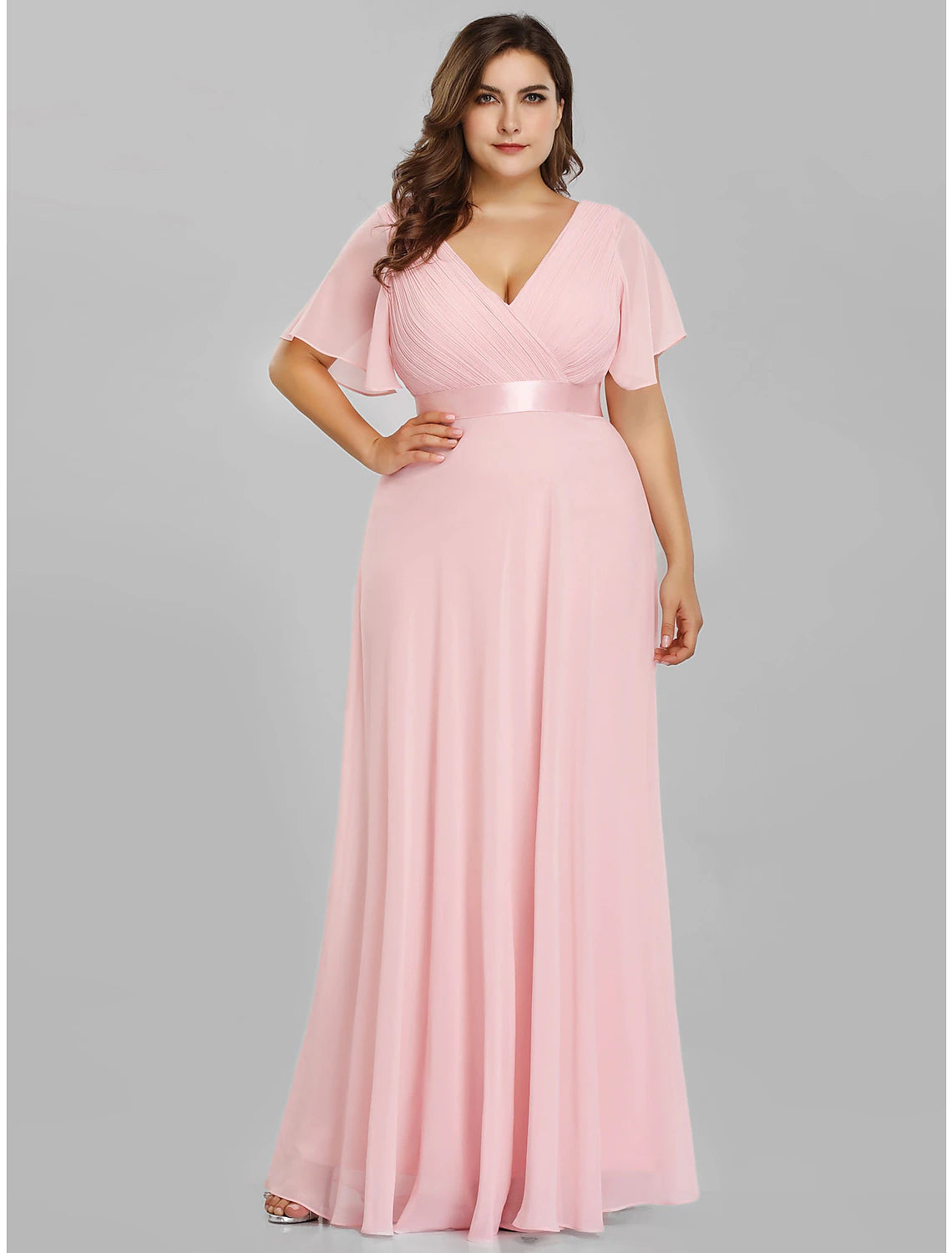 Blushing Pink Chiffon A-Line Floor-Length Dress with V-Neck and Flutter Sleeves