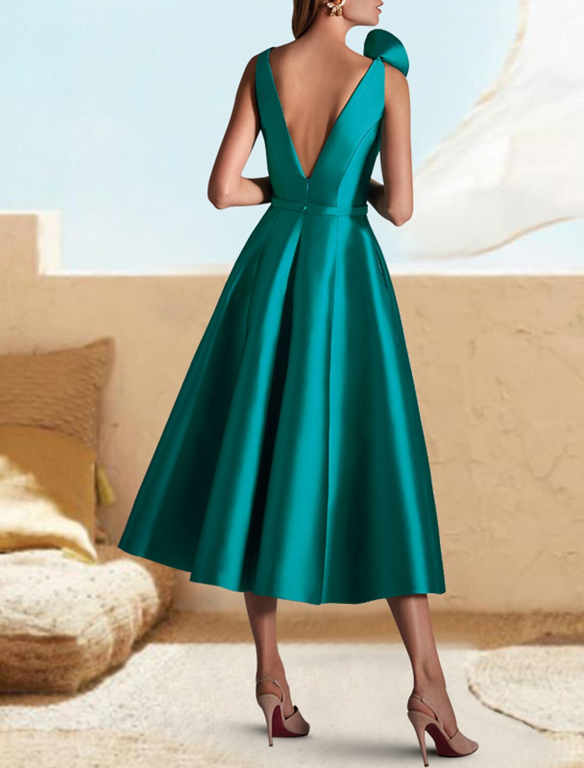 Vestidos de cóctel de corte A, vestido verde esmeralda, para invitados de boda, graduación, largo hasta la rodilla, sin mangas, cuello en V, satén con volantes y apliques