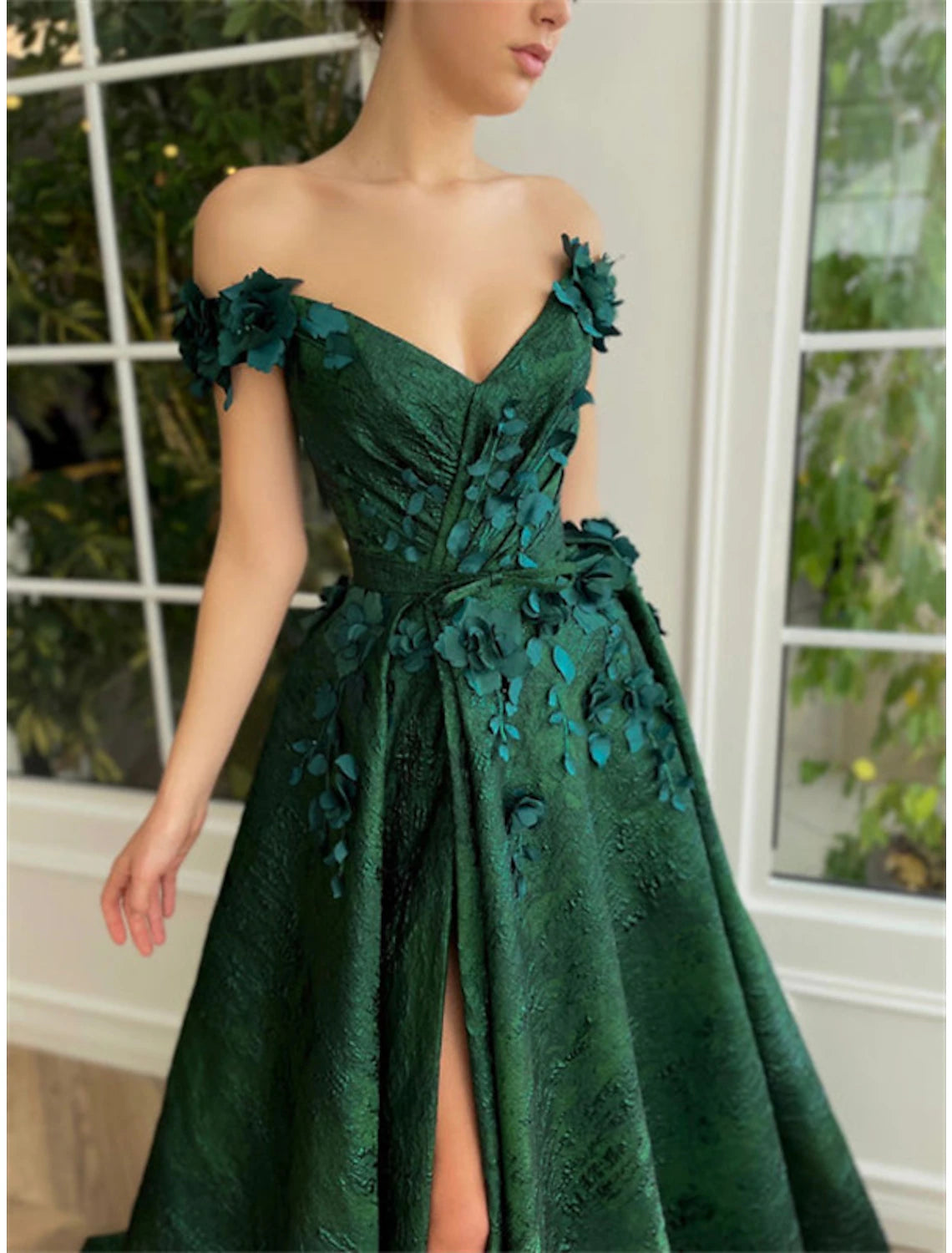 Vestidos de fiesta de corte A, vestido floral, para invitados de boda, fiesta de bodas, cola de corte, sin mangas, hombros descubiertos, satén con apliques de abertura