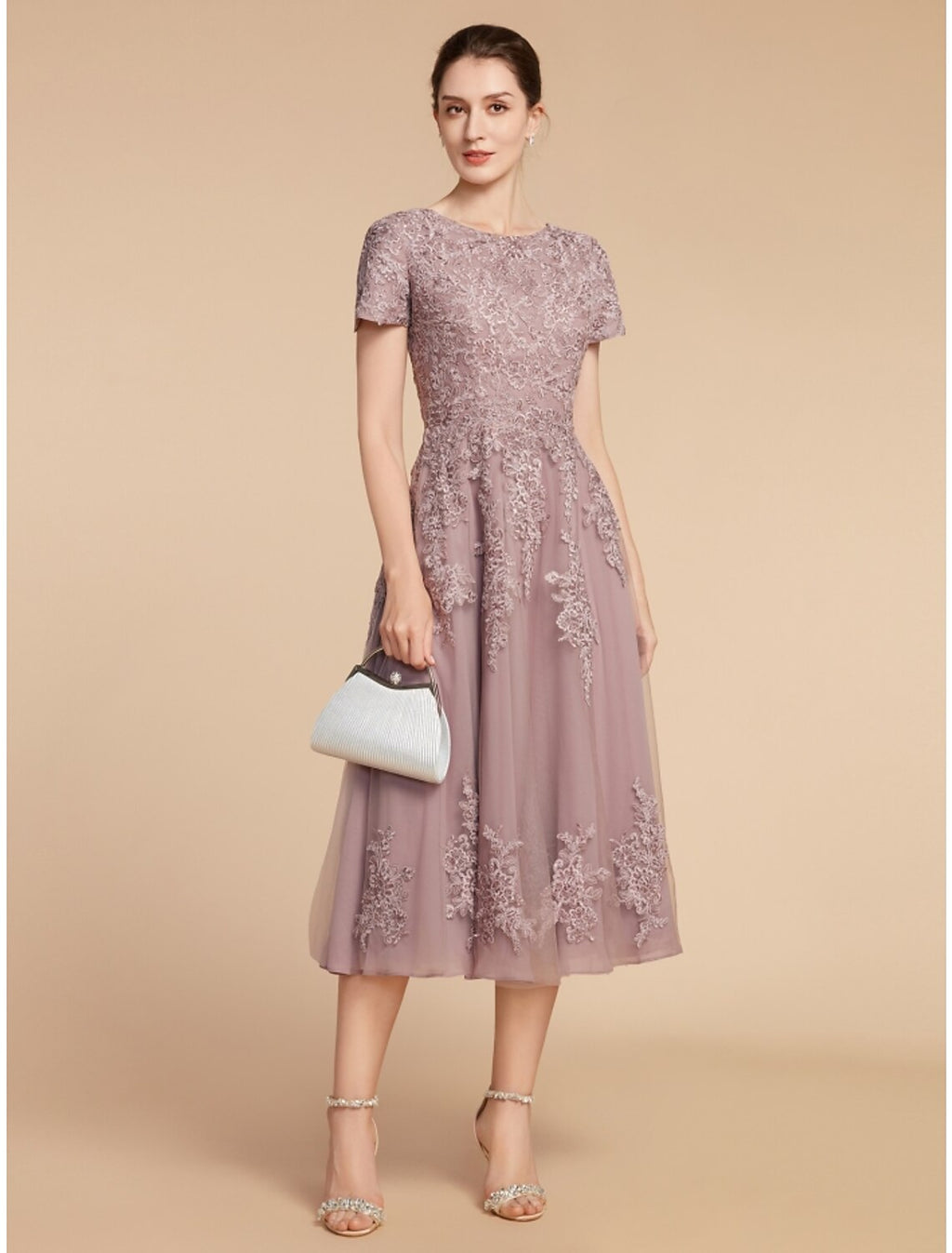 Dusty Rose Lace Tulle A-Line Tea-Length Dress with Lace Bodice and Applique Skirt | Jimiss