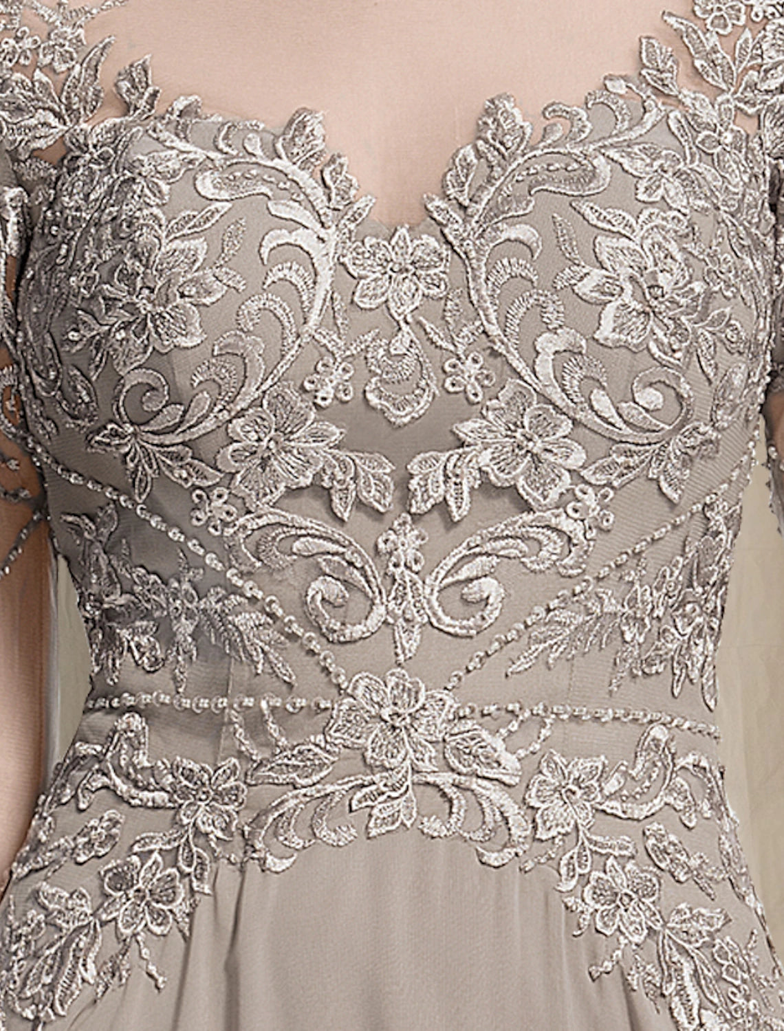 Abito da madre della sposa a trapezio, elegante e lussuoso, con scollo gioiello, lunghezza pavimento, in chiffon, pizzo, maniche lunghe con applicazioni a pieghe