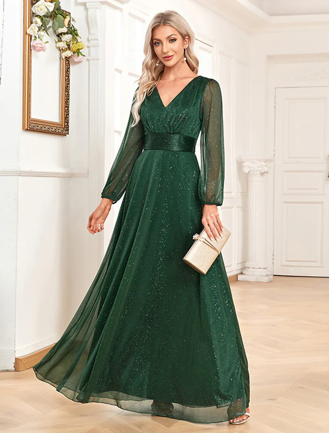 Forest Green Chiffon A-Line Floor-Length Dress with V-Neck, Bishop Sleeves & Back Zip