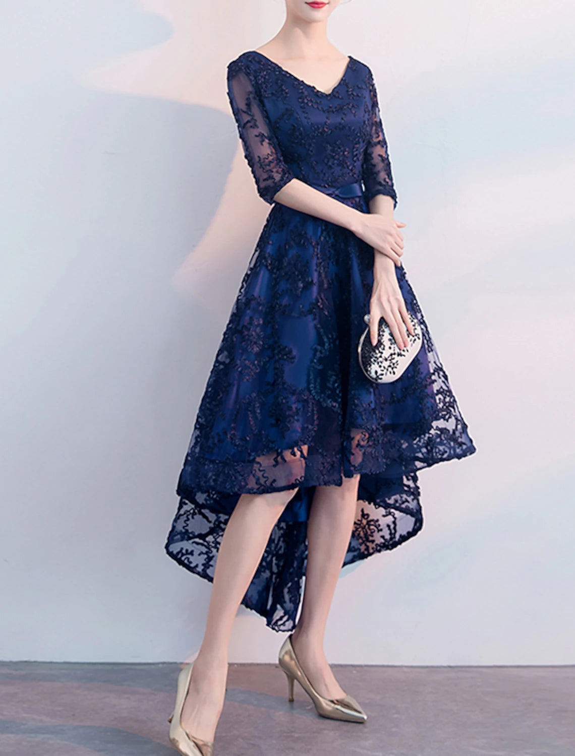 Vestidos de cóctel de corte A, elegantes, para invitados de boda, fiesta, asimétricos, media manga, escote en V, tul con pliegues