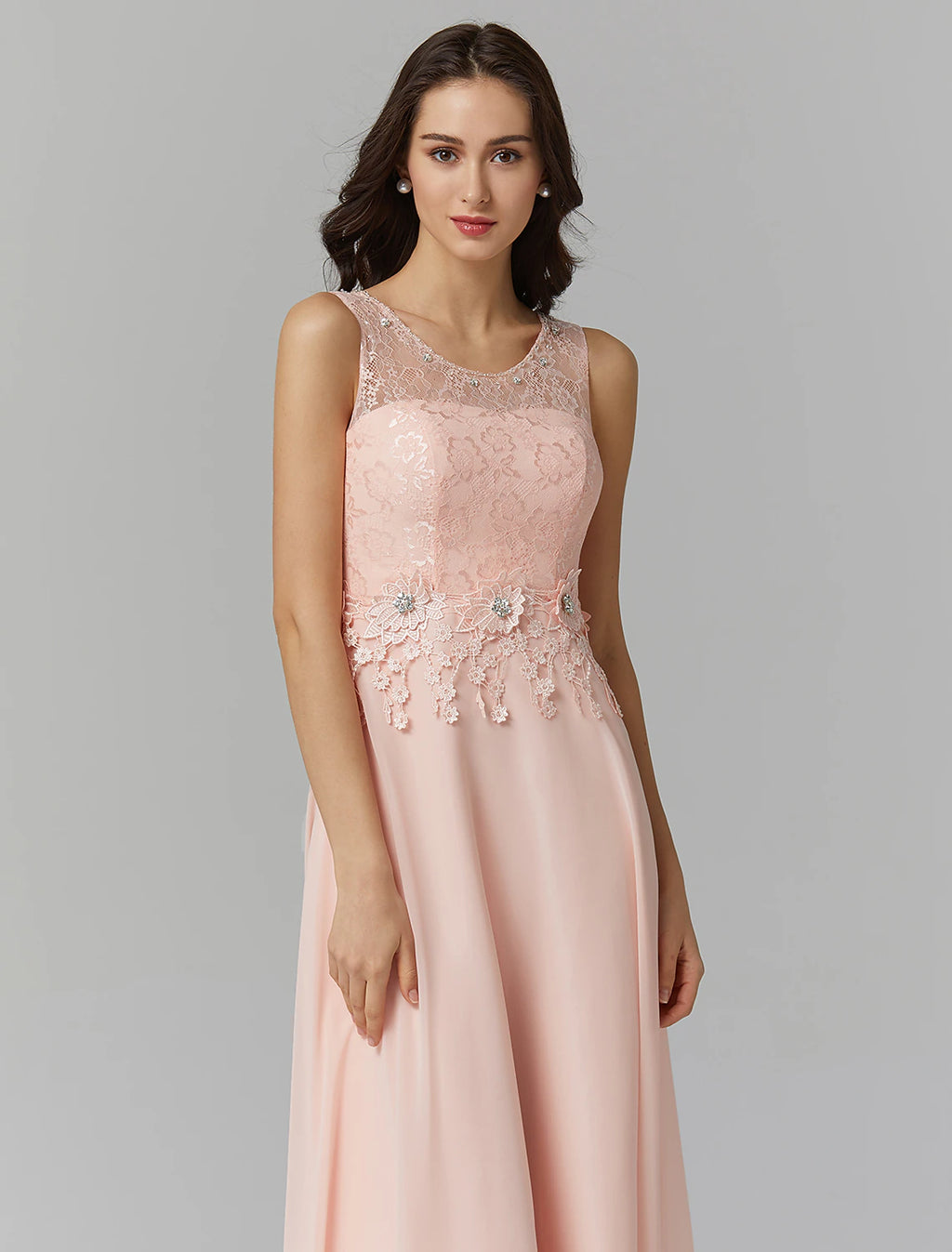 Blushing Pink Chiffon A-Line Floor-Length Dress with Lace bodice + Floral appliques and Scoop Neck | Jimiss