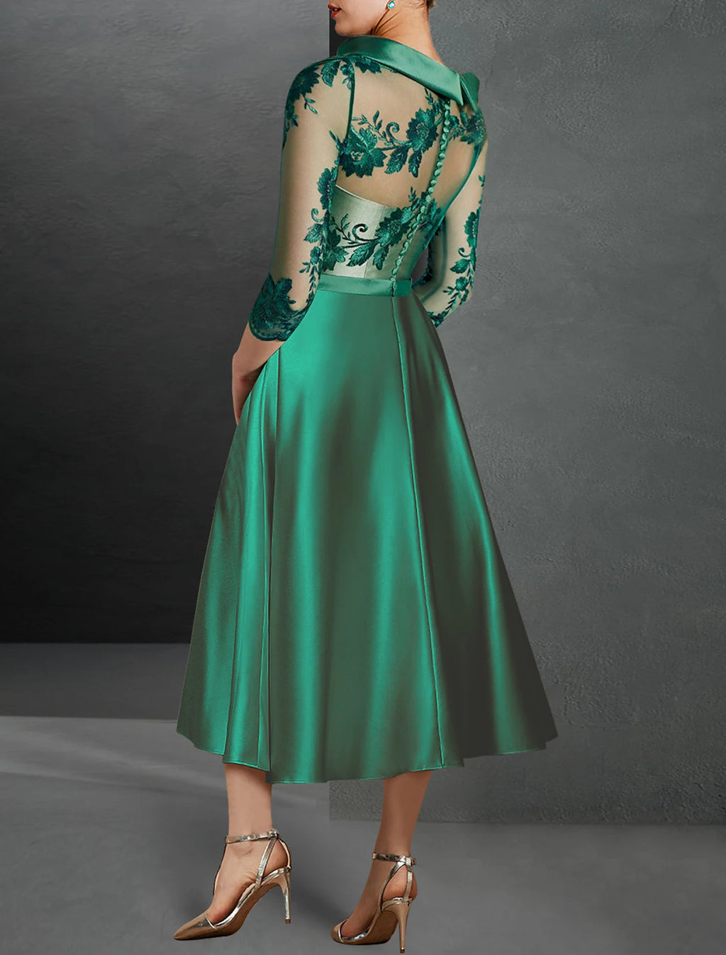 Emerald Satin A-Line Tea-Length Dress with Lace Bodice and Boat Neck Collar