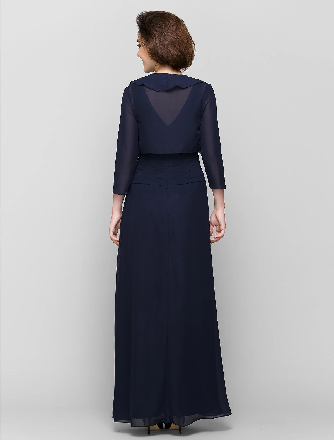 Abito da madre della sposa a tubino/colonna, abito convertibile, scollo a V, lunghezza pavimento, in chiffon, manica a 3/4 con volant a cascata incrociati