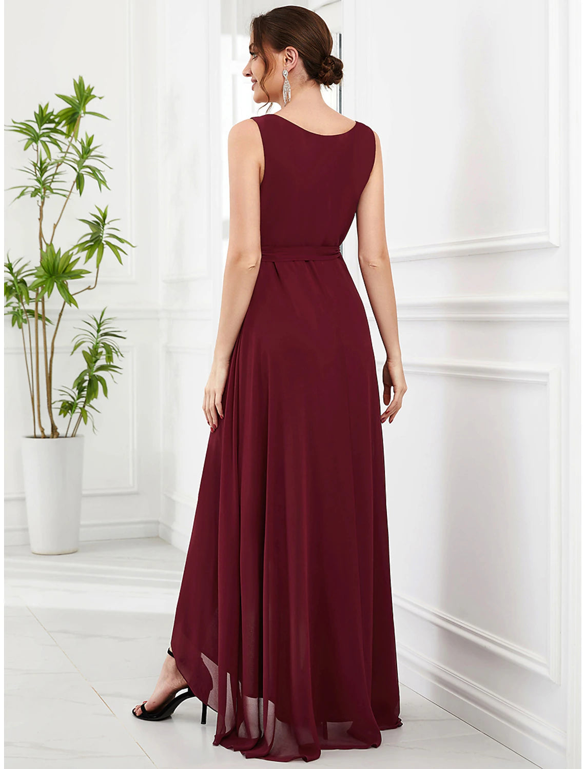 Burgundy Chiffon A-Line V-Neck Asymmetrical Pleated Dress