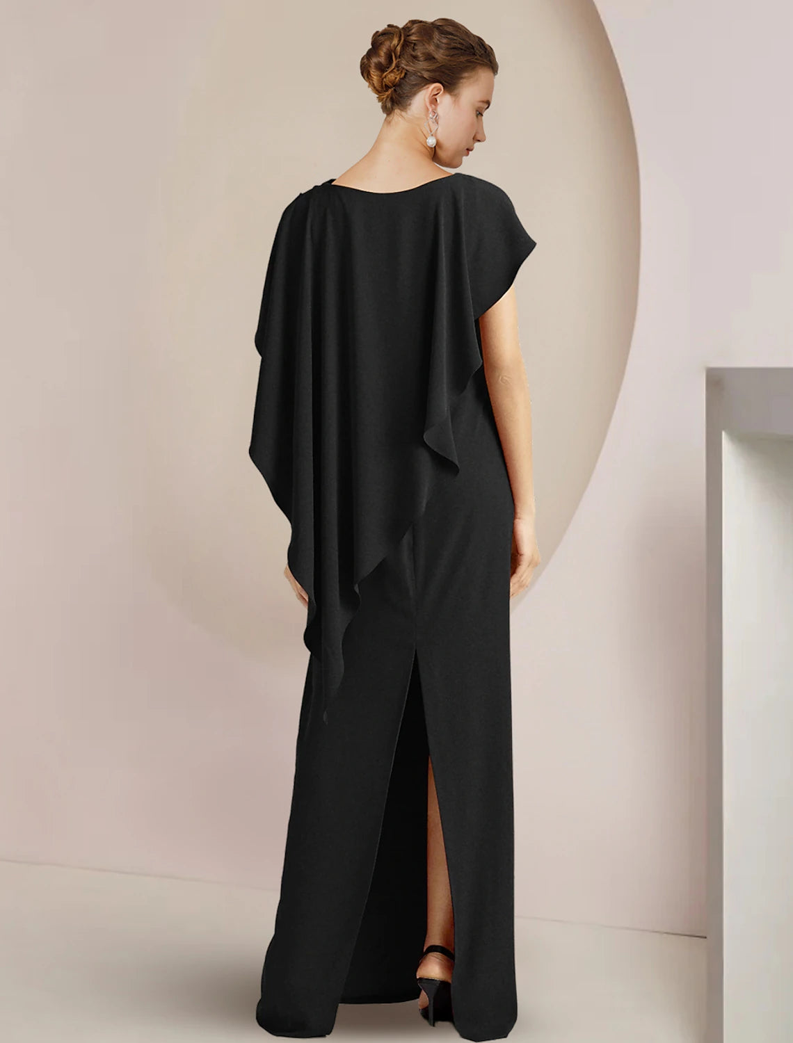 Black Draped Cape Crepe Sheath Floor-Length Dress