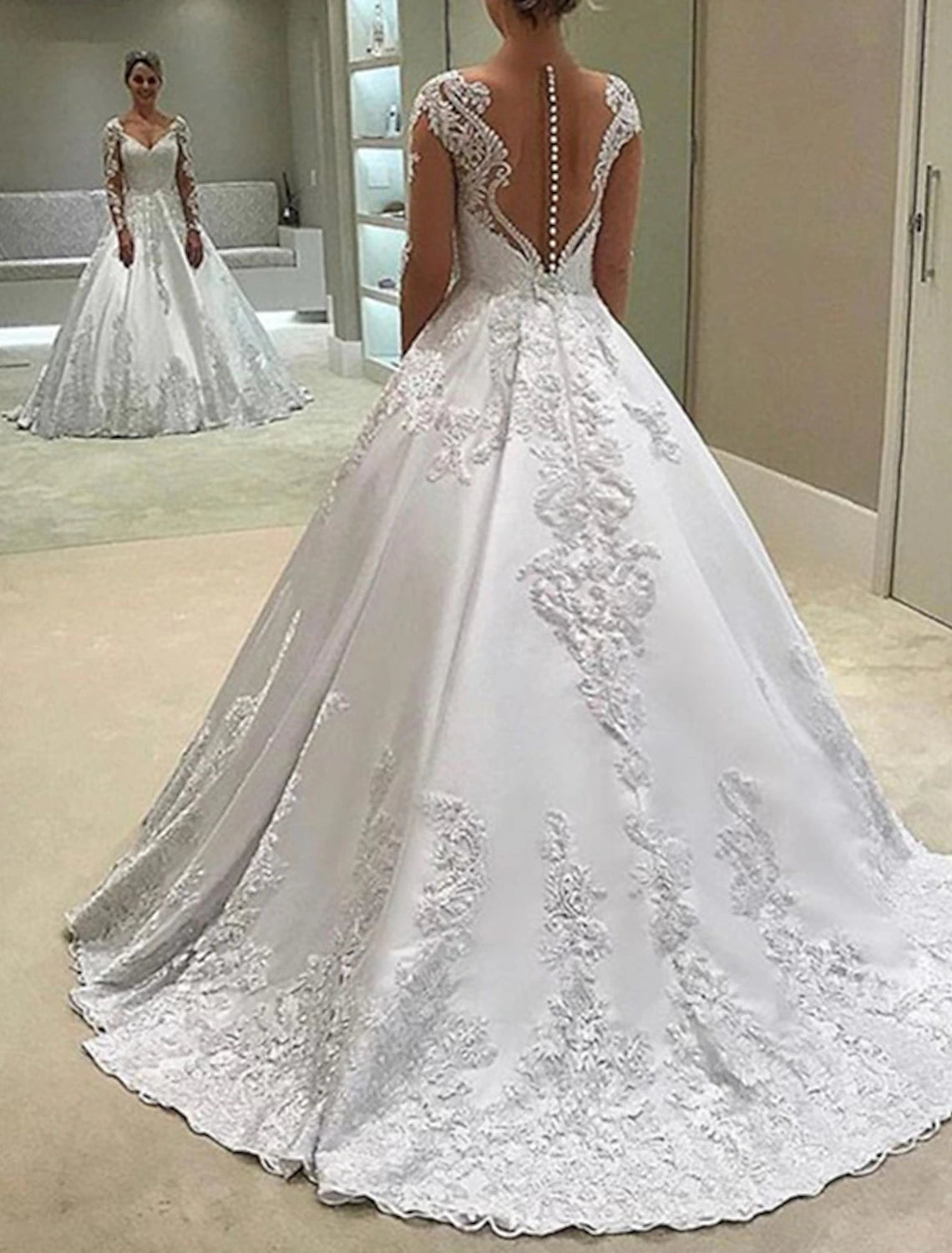 Vestidos de novia formales de compromiso, vestido de baile, escote corazón, manga larga, cola de corte, vestidos de novia de satén con botones y apliques