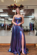 Iridescent Purple Metallic Satin a-line sweetheart floor-length Dress - Jimiss