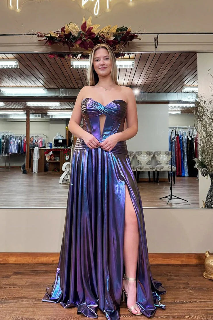 Iridescent Purple Metallic Satin a-line sweetheart floor-length Dress - Jimiss