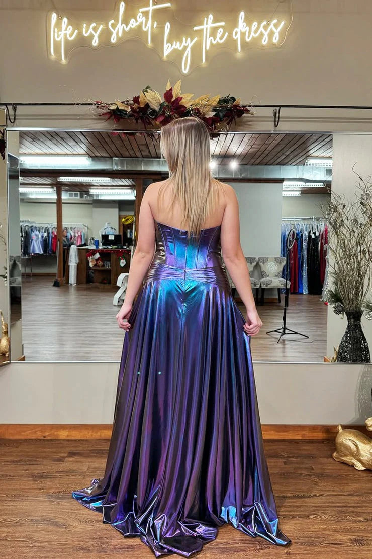 Iridescent Purple Metallic Satin a-line sweetheart floor-length Dress - Jimiss