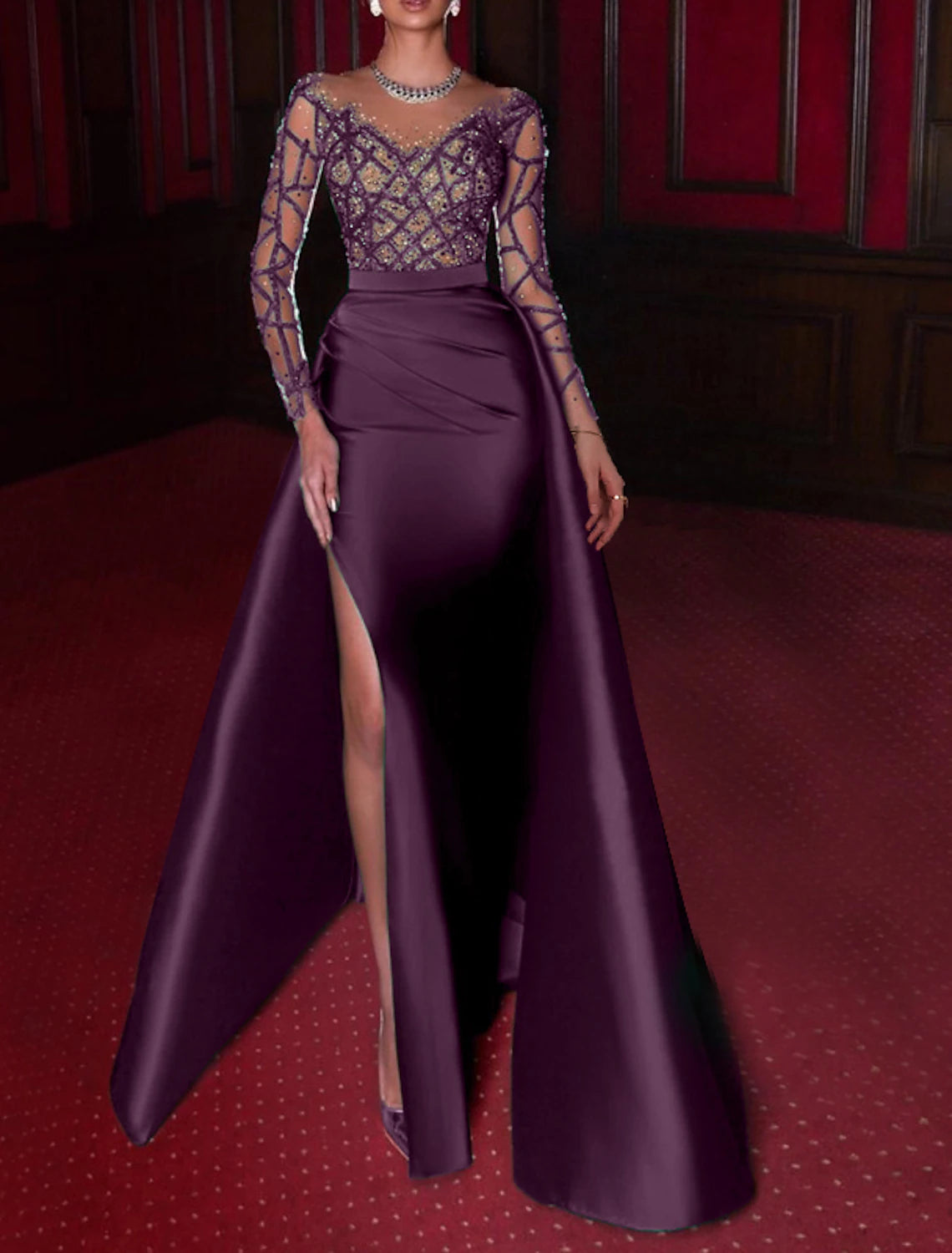 Abito da sera a trapezio, abito lussuoso, abito da festa di nozze, abito da gala nero, lunghezza al pavimento, manica a 3/4, spalle scoperte, raso con applicazioni di ricami in strass