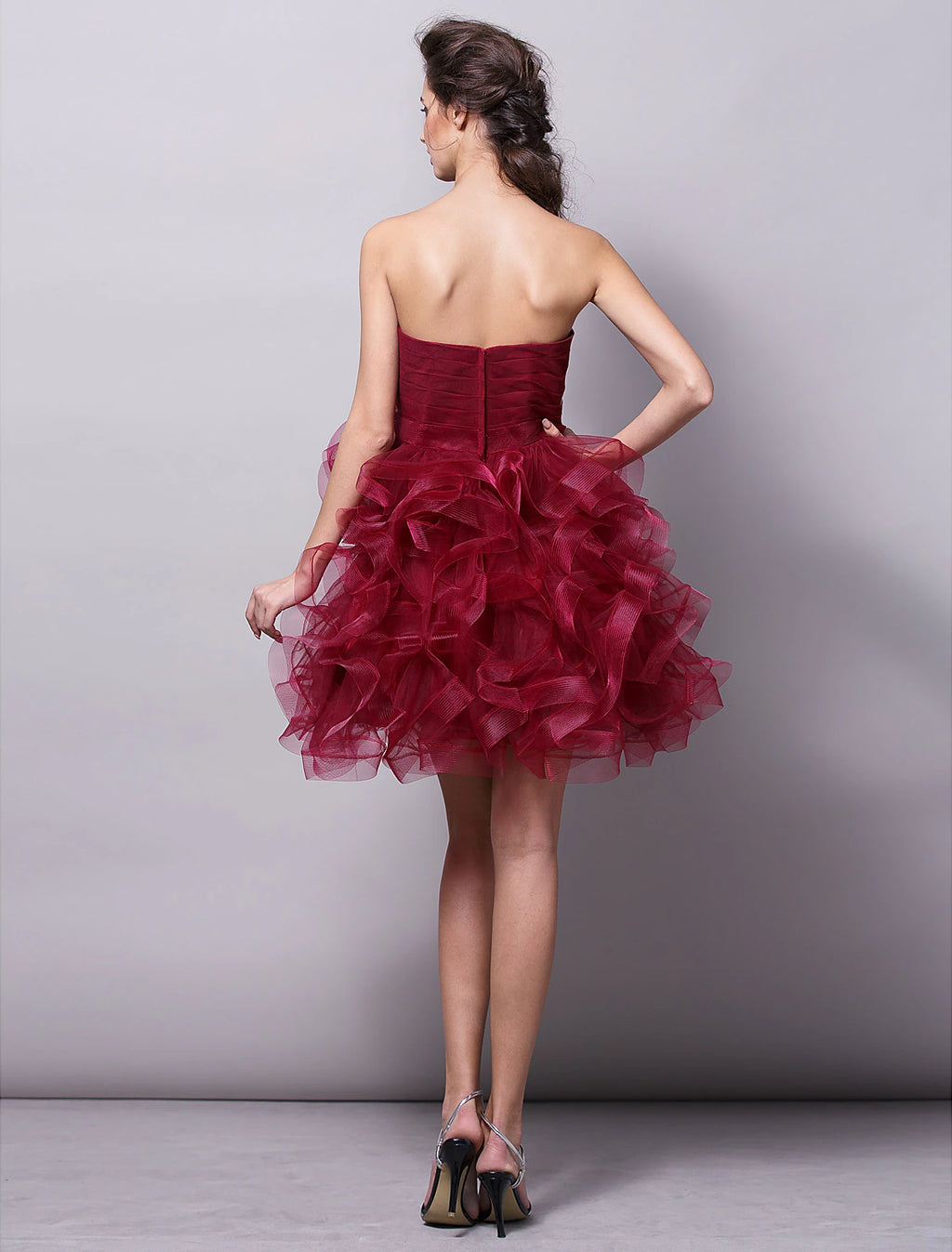Burgundy Satin Strapless Short A-Line Evening Dress