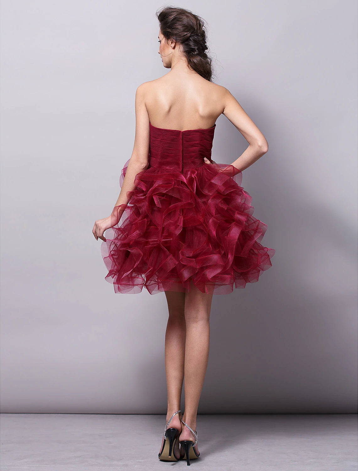 Burgundy Satin Strapless Short A-Line Evening Dress