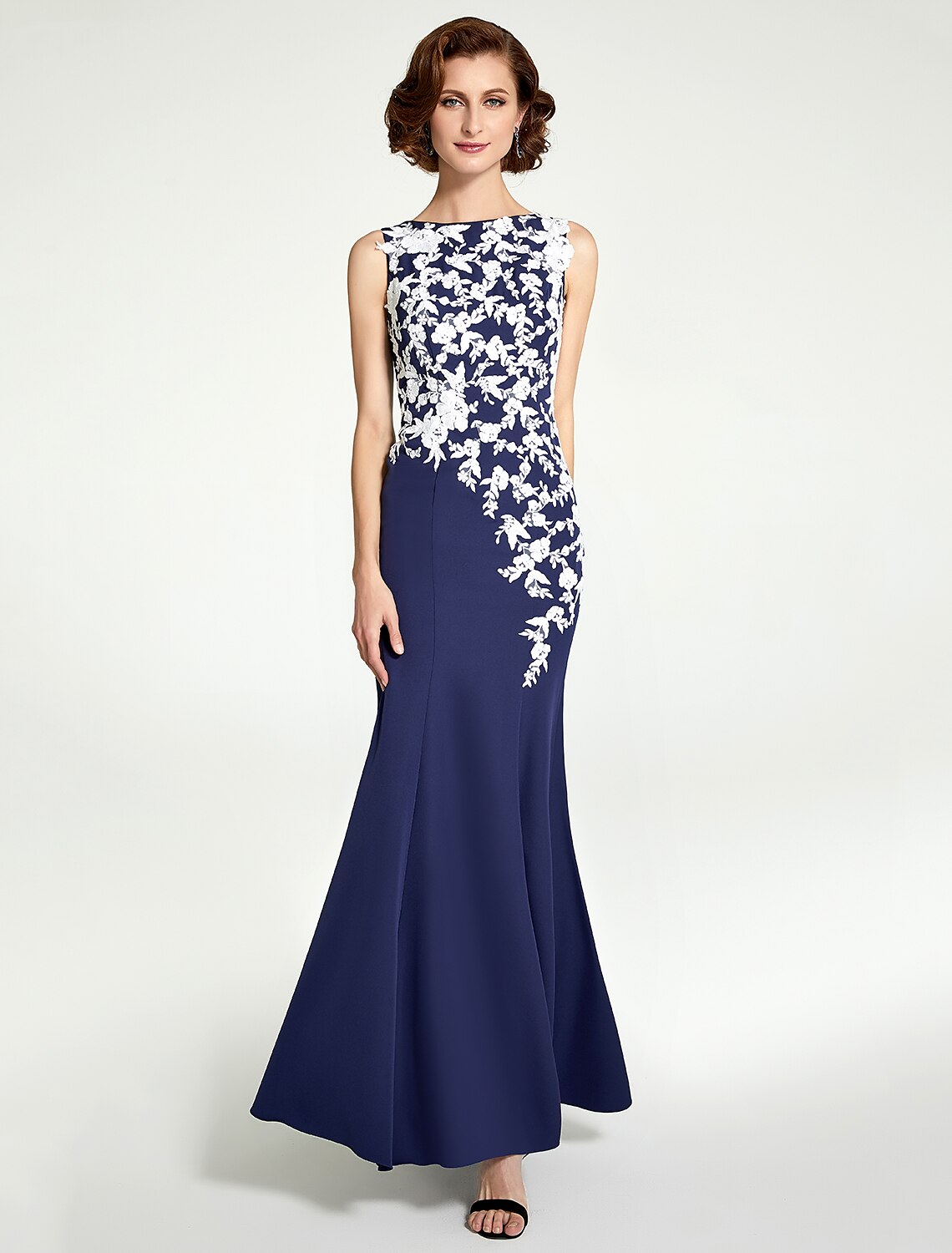 Dark Navy Mermaid Floor-Length Dress with Floral Appliques