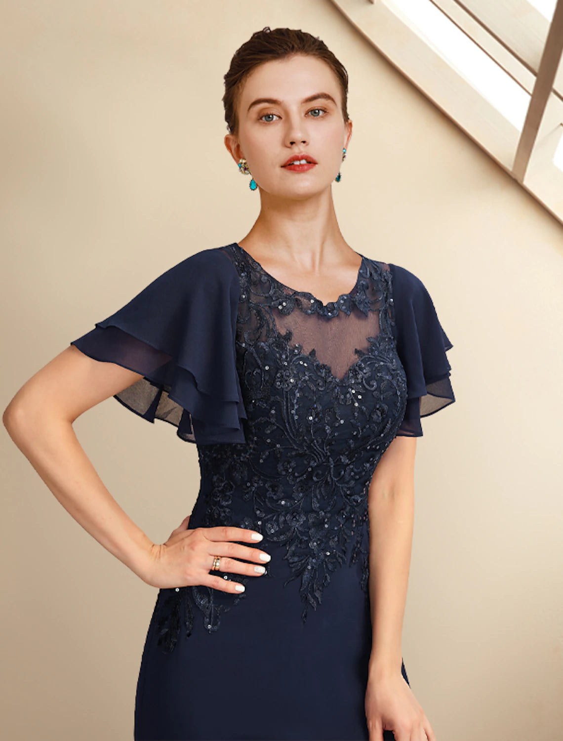 Dark Navy Chiffon A-Line Floor-Length Evening Dress with Illusion Bodice