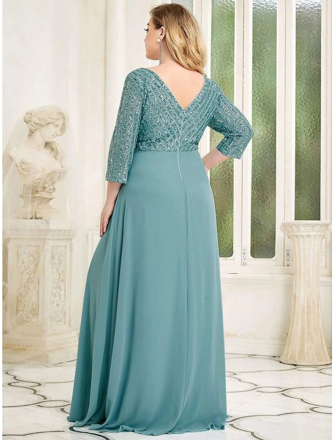 Teal Sequin & Chiffon A-Line V-Neck Floor-Length Gown