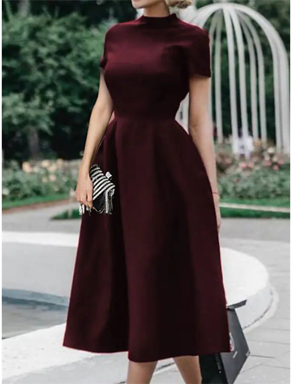 A-Line Wedding Guest Dresses Minimalist Dress Party Dress Wedding Party Tea Length Short Sleeve High Neck  Satin with Pleats Pure Color
