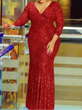 Vestidos de fiesta de tubo/columna, vestido brillante, para invitados de boda, de graduación, largo hasta el suelo, manga larga, cuello en V, con lentejuelas