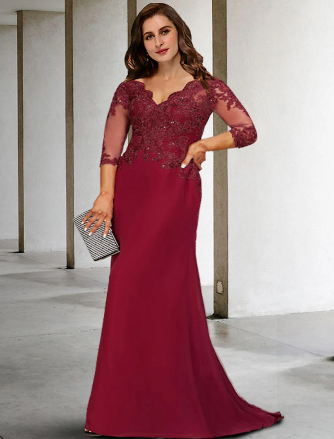 Burgundy Chiffon V-Neck Sheath/Column Floor-Length Evening Dress with Lace Bodice