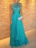 Teal Chiffon A-Line Floor-Length Evening Dress with Sequined Bodice and Boat Neck