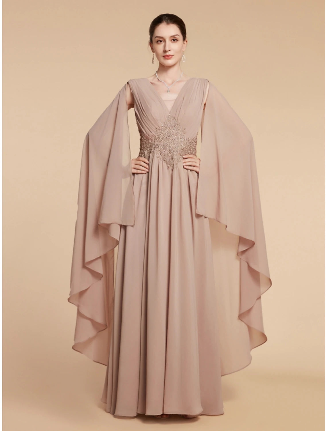 Abito da cerimonia per la madre della sposa, a trapezio, elegante, con scollo a V, lunghezza alla caviglia, in chiffon, pizzo, senza maniche, con arricciature, tinta unita