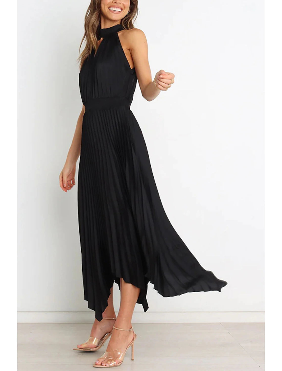 Abiti da festa a trapezio, abiti casual, abiti da cerimonia, abiti da cerimonia, abiti da cerimonia asimmetrici, senza maniche, scollo all'americana, in raso con pieghe