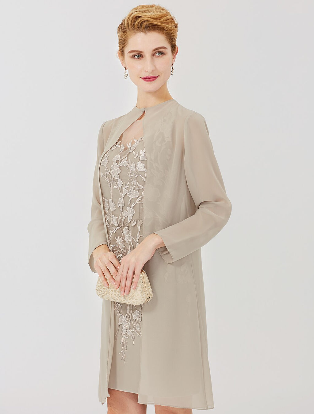 Sand Chiffon Sheath/Column Short Dress with Sweetheart Neckline & Embroidered Jacket
