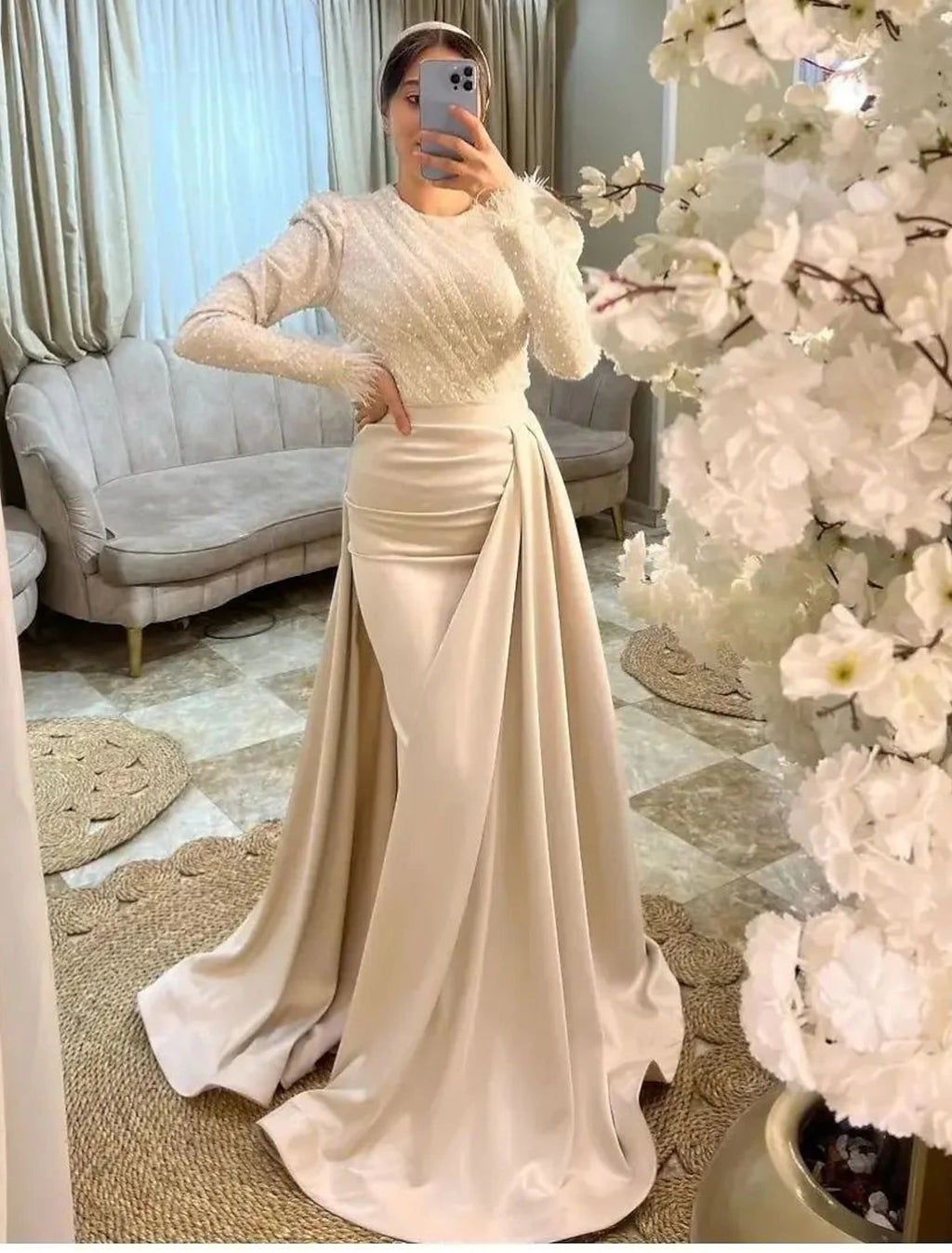Champagne Sequin & Satin Sheath/Column Floor-Length Evening Dress