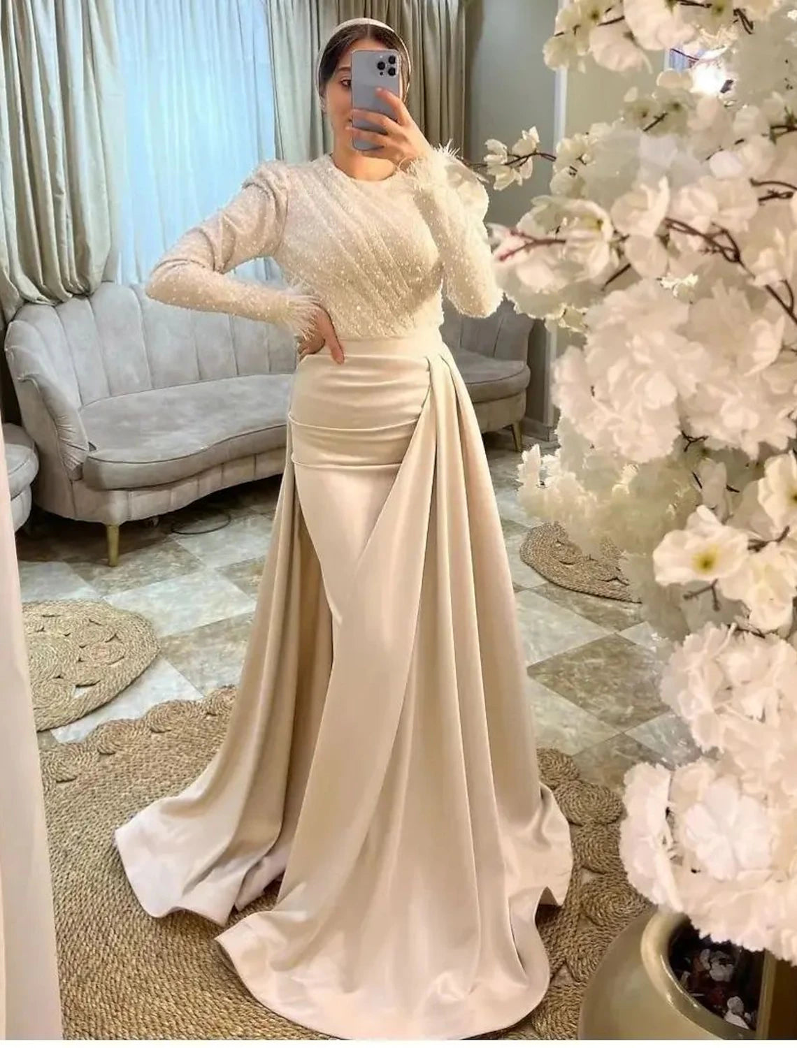 Champagne Sequin & Satin Sheath/Column Floor-Length Evening Dress