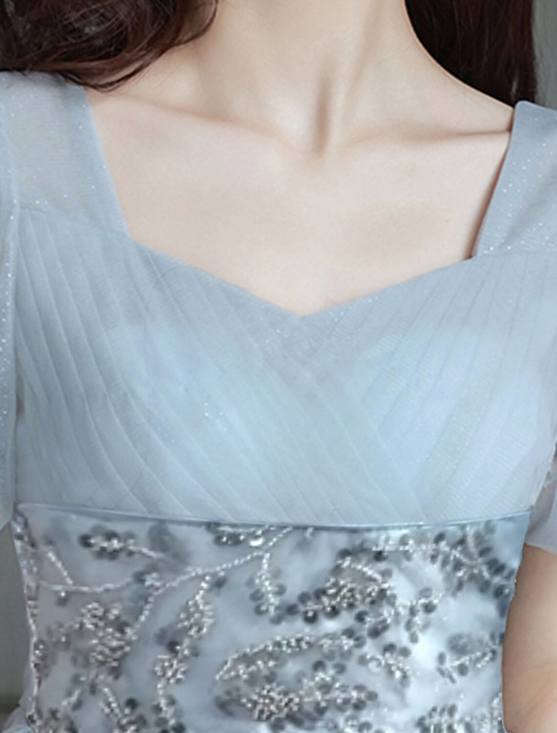 Abito da sera a trapezio, scintillante e brillante, abito da festa per San Valentino, lunghezza al pavimento, manica corta, scollo a cuore, tulle con perline e strati