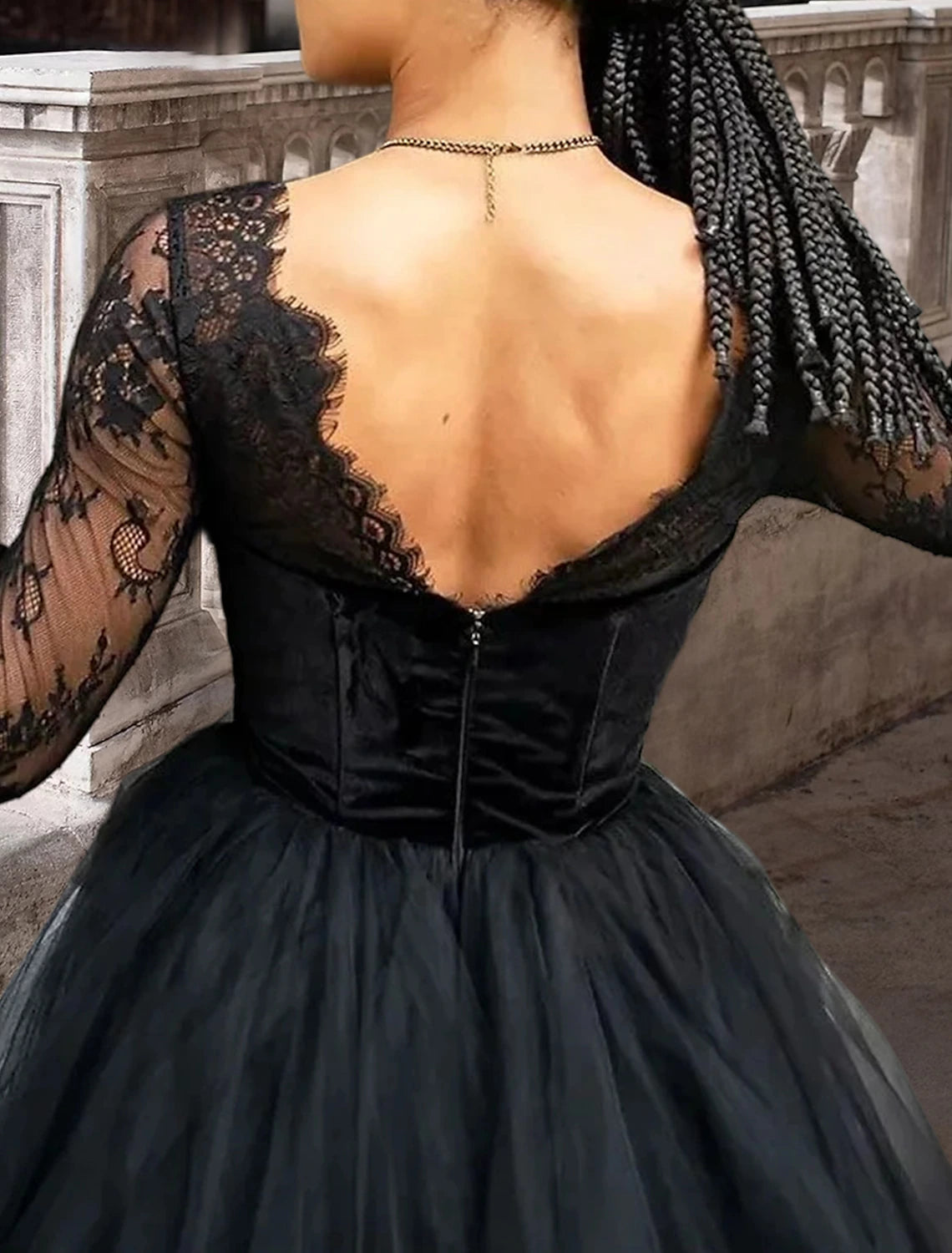 Vestidos de novia negros formales, corte A, escote cuadrado, mangas 3/4, largo hasta el suelo, de encaje con pliegues.