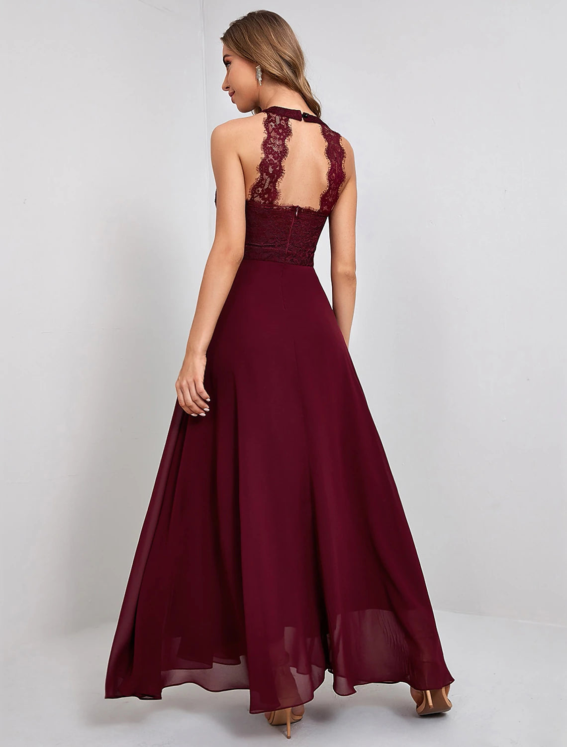Burgundy Lace Halter A-Line Floor-Length Bridesmaid Dress