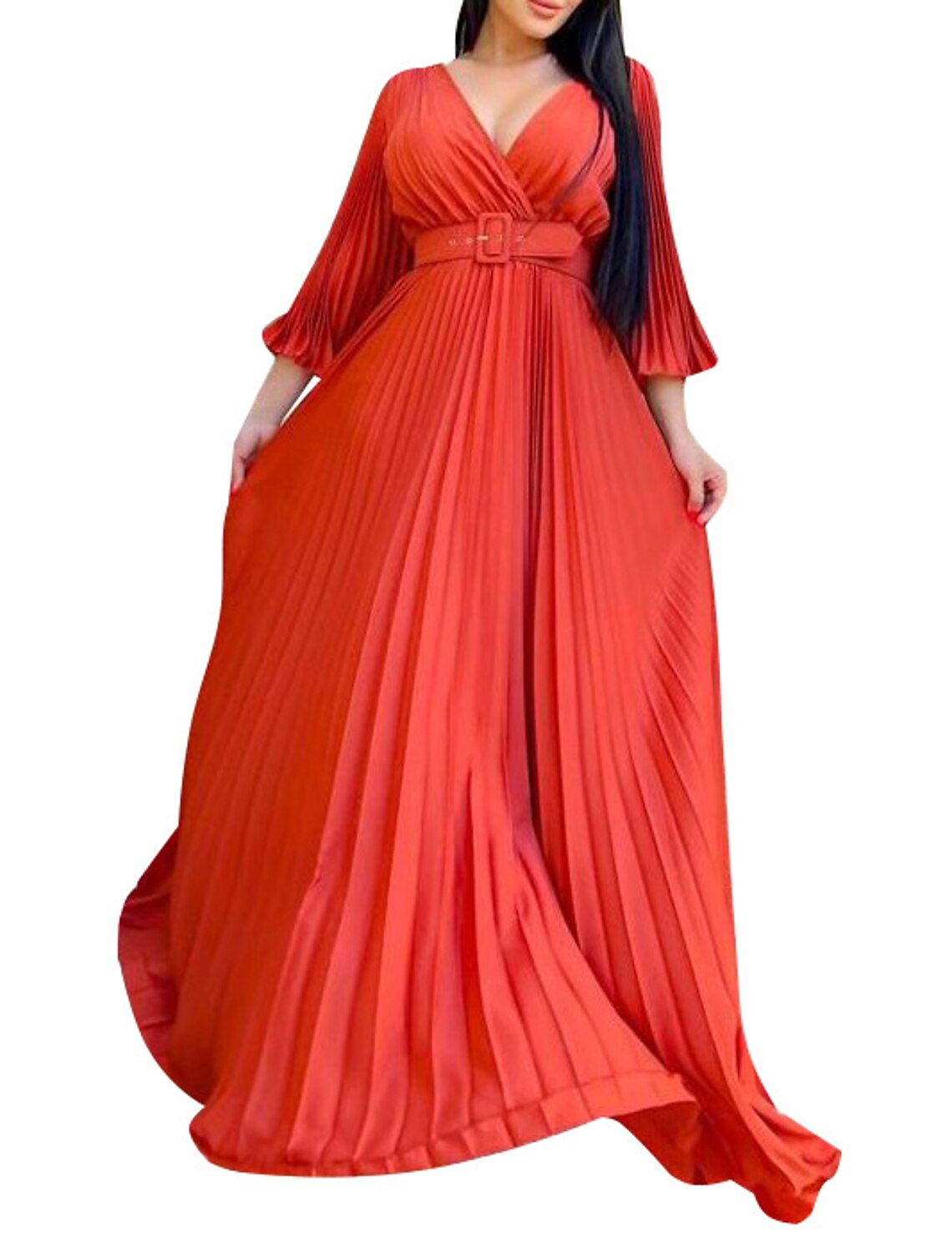 Abiti da festa a trapezio, abito svolazzante, abito da ospite di nozze, festa, lunghezza al pavimento, manica a 3/4, scollo a V, cintura/fascia in chiffon con pieghe