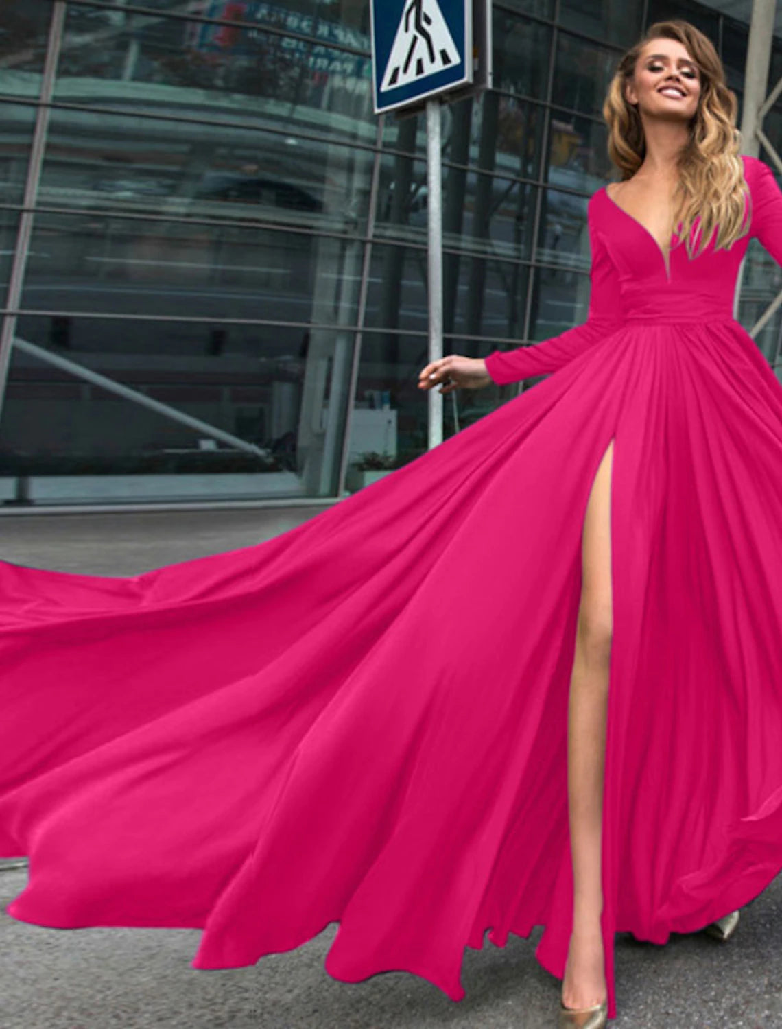 Black Chiffon A-Line Floor-Length with V-Neck & Plunging V-neck + High slit (for Evening-Party & Formal-Event)