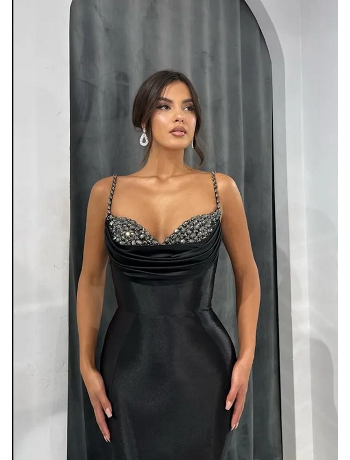Black Satin Mermaid Floor-Length Evening Dress with Draped Cowl Neck and Embellished Straps