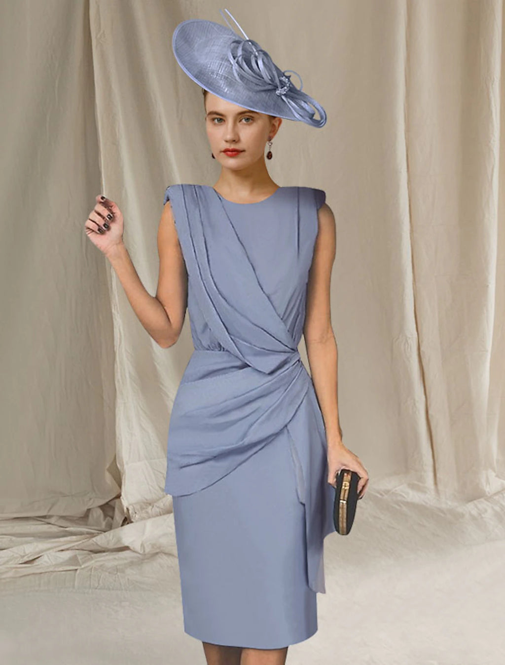 Dusty Blue Crepe Sheath/Column Knee-Length Dress with Draped Bodice and Asymmetrical Overlay